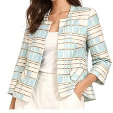 Pendleton Silk Blend Blazer Jacket 4 Blue Tan White Plaid Open Preppy Summer