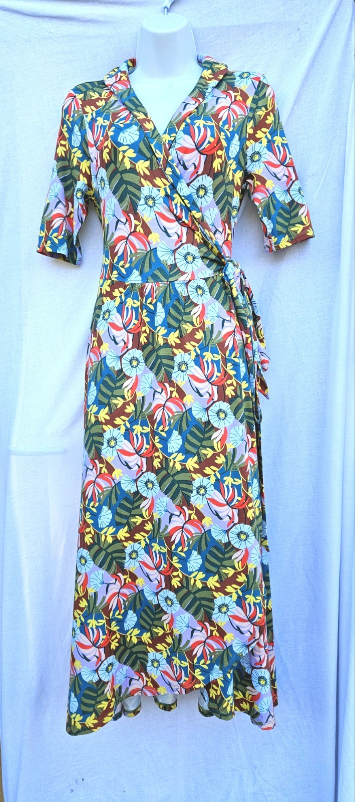 Boden Lavina jersey wrap dress red oak, tropical palm print size 10R RRP £110 image 6