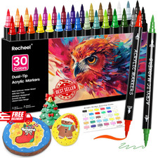 30 Colors Acrylic Paint Markers, Dual Tip Fine and Brush Tips for Detailed Art,