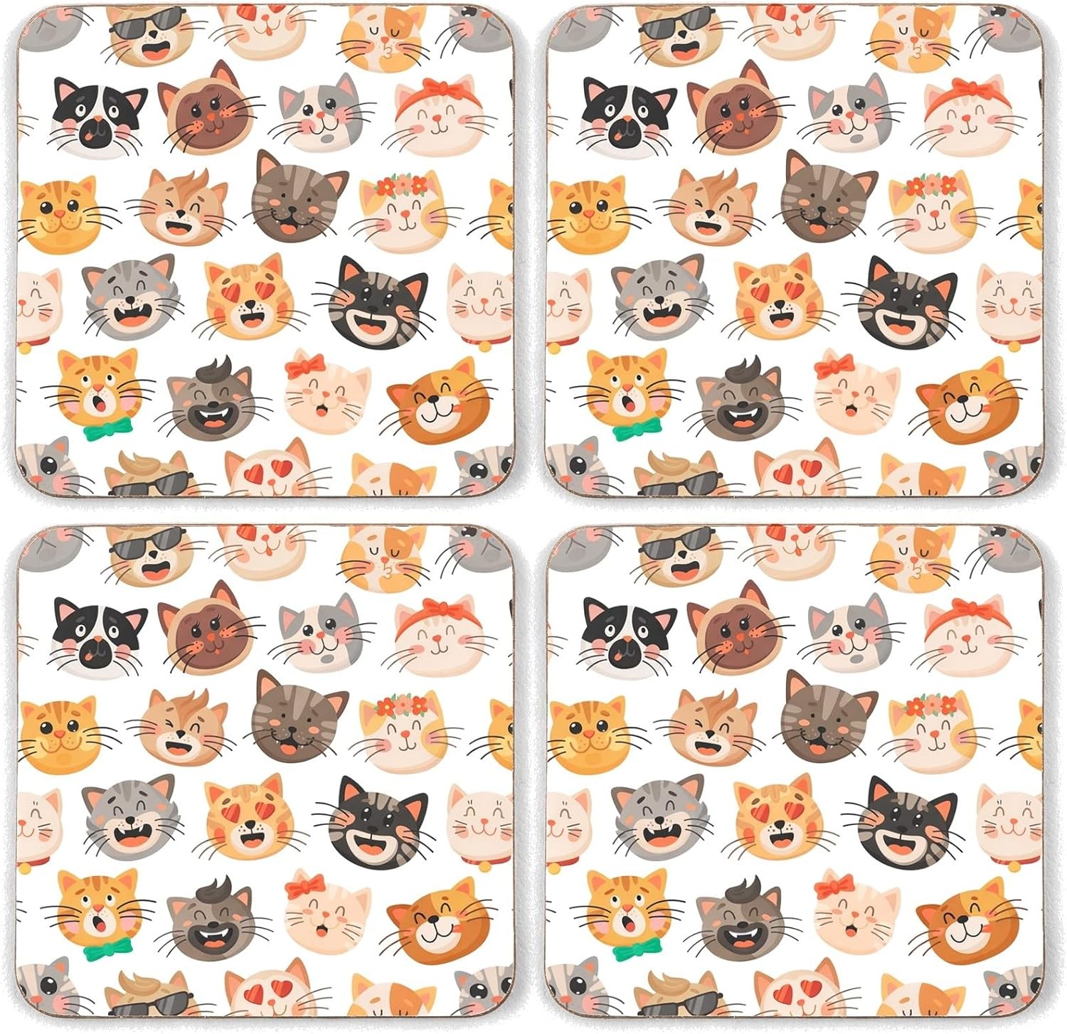 Cat Head Drink Coasters, Cork, Square, 9.5 x 9.5 Centimetres, Set of 4,