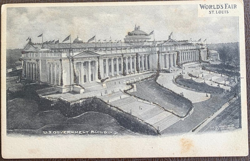 1904Glitter postcard US Government Bldg. St Louis World's Fair w/ Fair cancel.