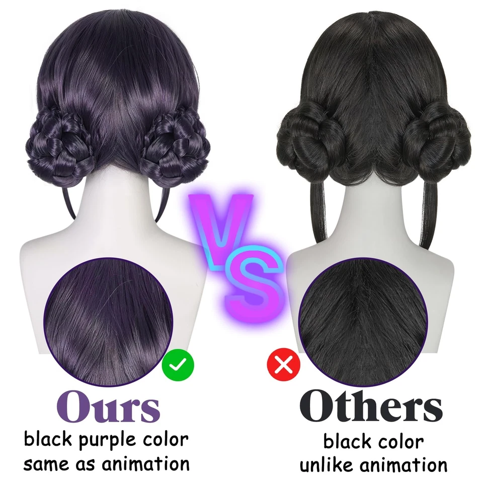Peluca negra morada con 2 moños pelo corto negro púrpura doble trenzado moños para... Foto 2 de 4