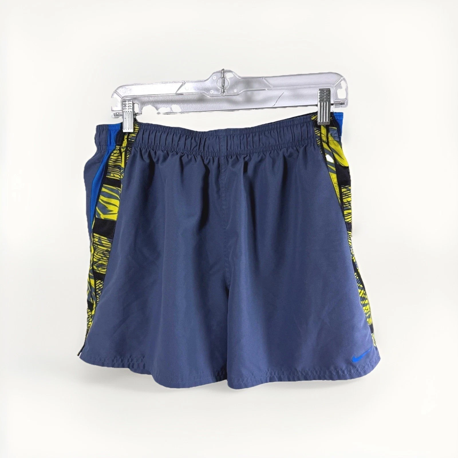 Nike Running Shorts Mens Large Grey Yellow Graphic Side Stripe 5 Inch Inseam