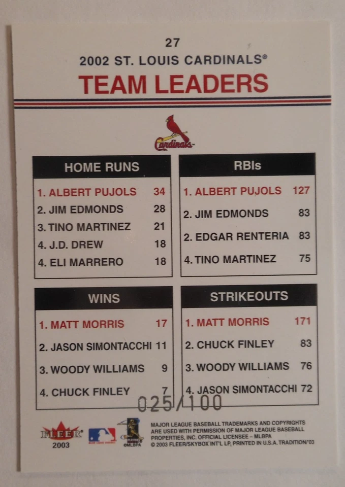2003 Fleer Tradition #27 Albert Pujols / Matt Morris Glossy SP 25/100 Cardinals - Image 4 of 4