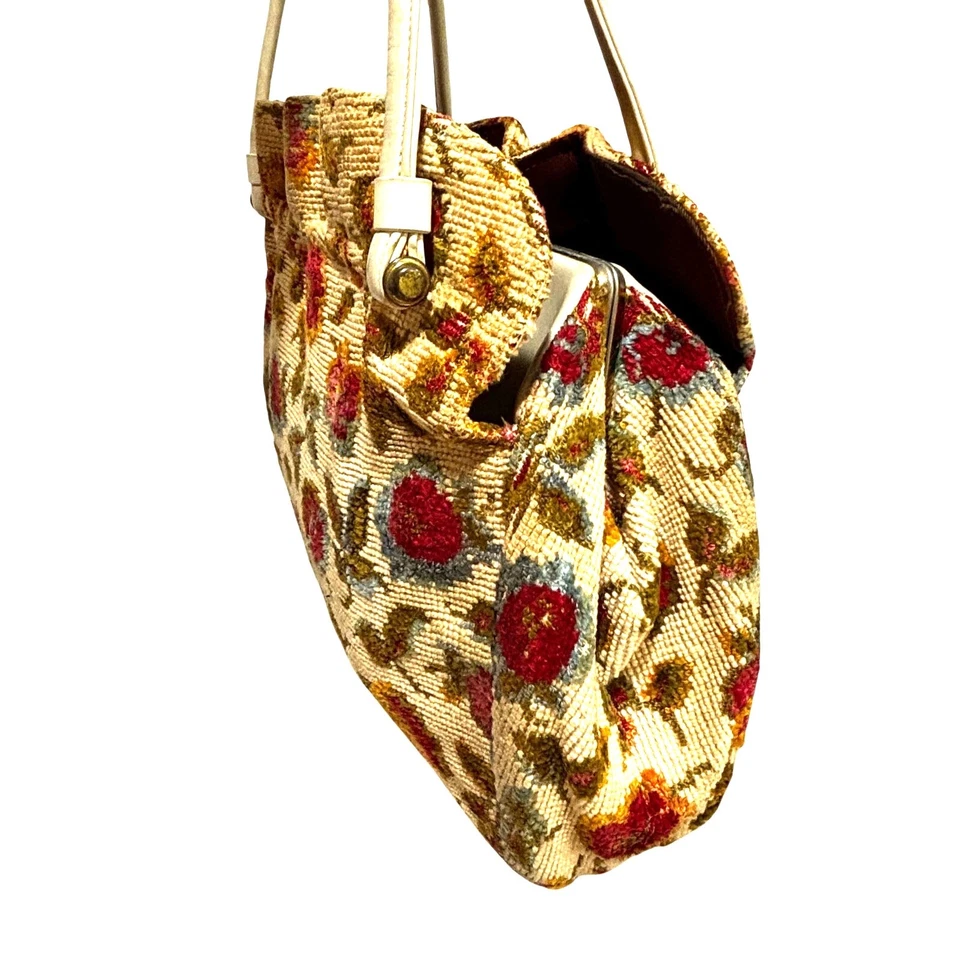 Bolso de mano vintage tapiz de aguja bolsillo libro beige floral abuela Boho Foto 2 de 4