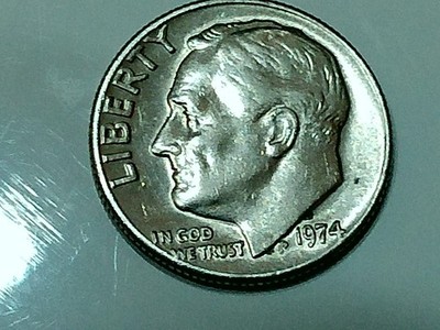 1974 us copper dime - ms - shiny - 2.2 - good stamp - rim - face -
