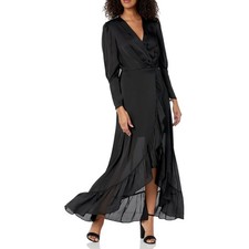 Guess Black Luana Long Dress NWT Wrap Ruffle High Low V Neck XS Cocktail Party