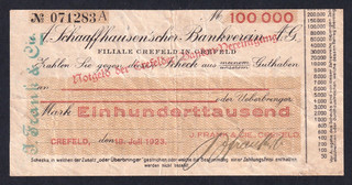 Crefeld J. Frank & Cie. 100.000 Mark 18.7.1923