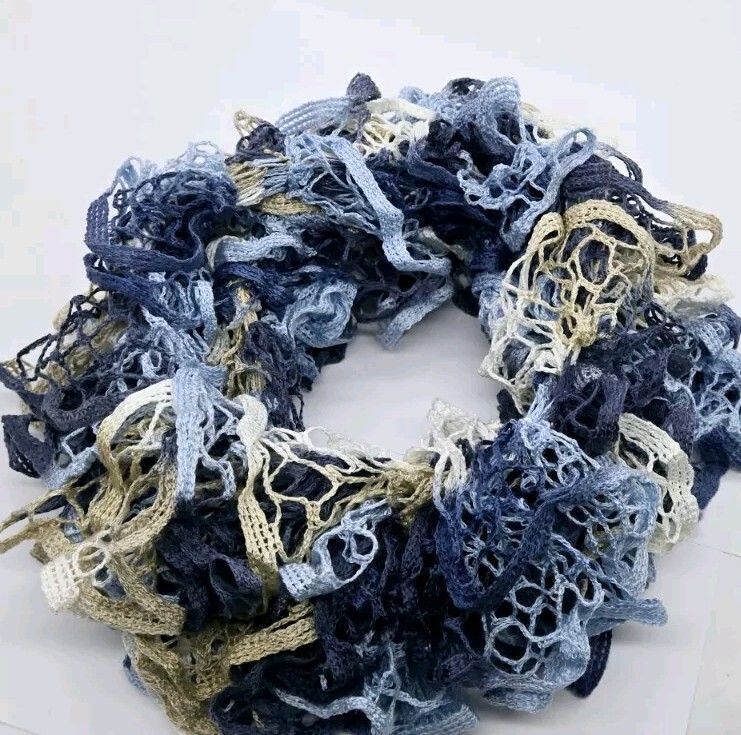 Handmade crocheted baby blue ruffle scarf 65 inches stylish multi-textured