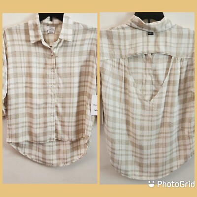 RVCA Drift Away High-Low Button Front Shirt Medium Cream Brown Check NWT $65 