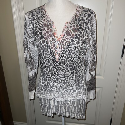 Fleur De Lis boho Animal Print Long Sleeve womens Size Small Gray
