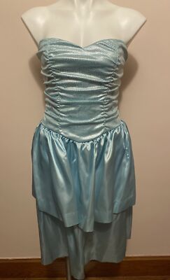 VTG 80s Handmade Aqua Blue Metallic Silver Dot ￼ruched tiered hem strapless XS