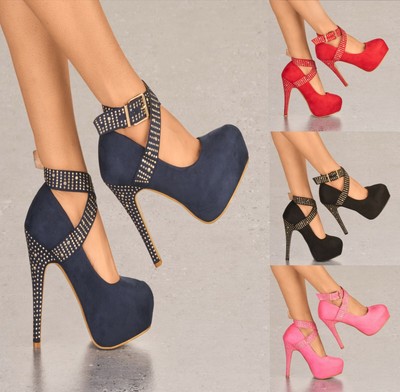 DAMEN WILDLEDER PLATEAU HIGH HEELS STRASS NIETEN KNÖCHELRIEMEN RIEMCHEN PARTY SCHUHE