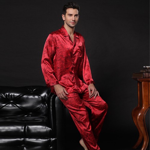 NEU Herren Pyjama Schlafanzug Seide Satin Langarm langer Hose Nachtwäsche M008 - Picture 7 of 7