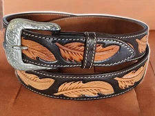 Western Ranger Hand Tooled Feathers Chestnut Brown Leather Belt Size 46