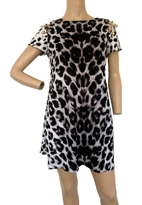 VERSUS VERSACE Medusa Gold Pin Leopard Shift Mini Dress UK 10 US 6 IT 42 RARE