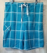 Ocean Pacific OP Adult 28-30 Swim Trunks Board Shorts Blue White Plaid Stretch