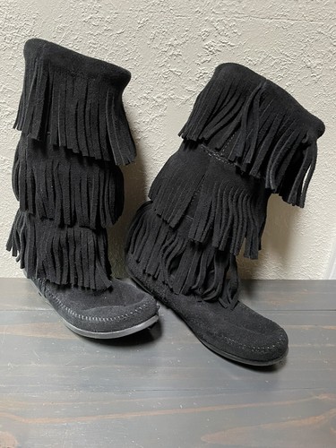 MINNETONKA Black Suede Fringe Leather 