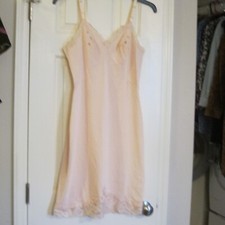 VINTAGE FULL SLIP BY SHADOWLINE SILKY PINK ALL NYLON, LACE, W/ EMBROIDERY SZ 36