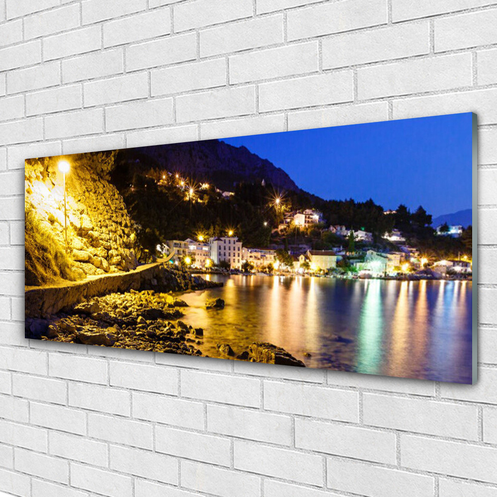 Tableau en verre acrylique 125x50 cm vue montagnes et plage pour salon