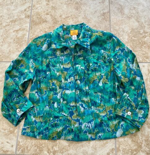 Ruby Rd. Womens Full Zip Blazer Size 14 Blue Green Linen Blend 3/4 Sleeve EUC - Picture 1 of 5
