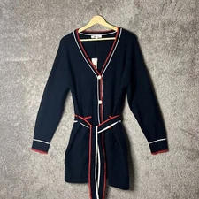 Vigoss Cardigan Sweater Womens  Large Navy Blue Button Up  Long Sleeve  Belted