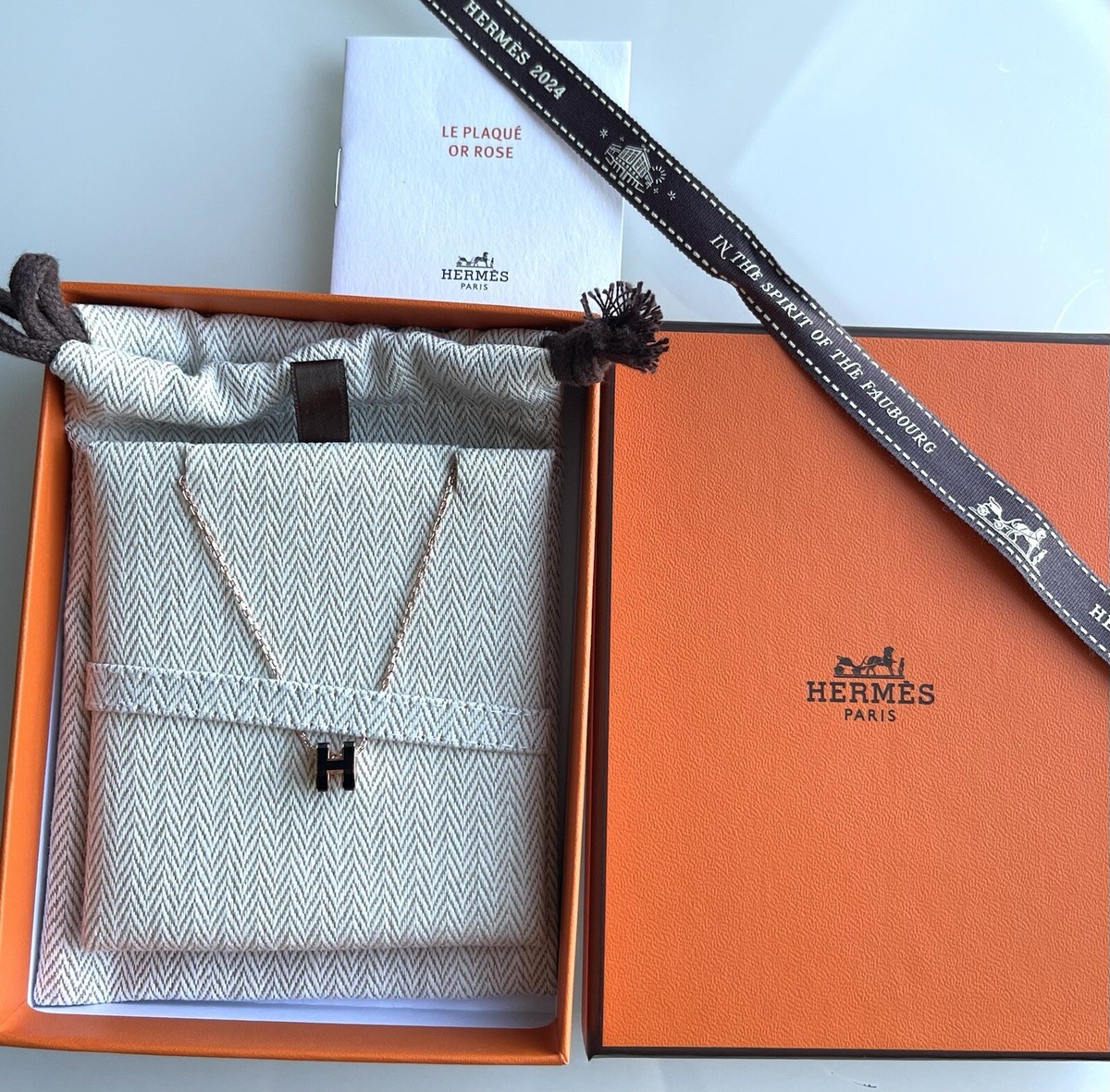 New HERMES Mini Pop H Pendant Necklace Noir Black w Rose Gold