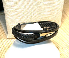 Fashion Bracelet Black Leather Stainless Steel Cross Multi Wrap Lot 105D