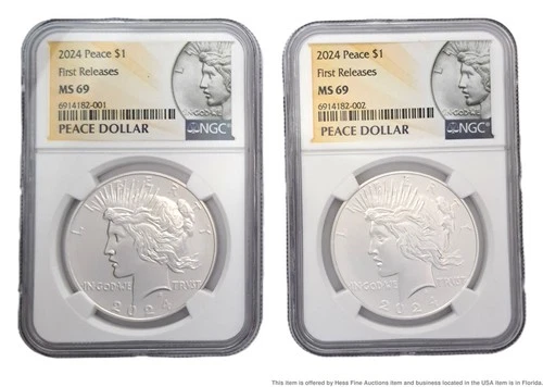 2024 Fine Silver Peace Dollar Coins MS69 NGC First Releases 2 pc Uncirculated