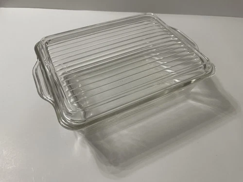 Vintage PYREX Ribbed Glass Refrigerator 503-B, 503-C Clear Glass Set Lid & Dish
