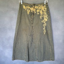 Vintage Faded Glory Denim Maxi Jean Skirt Womens 12 Floral Printed 90s Patch Y2K