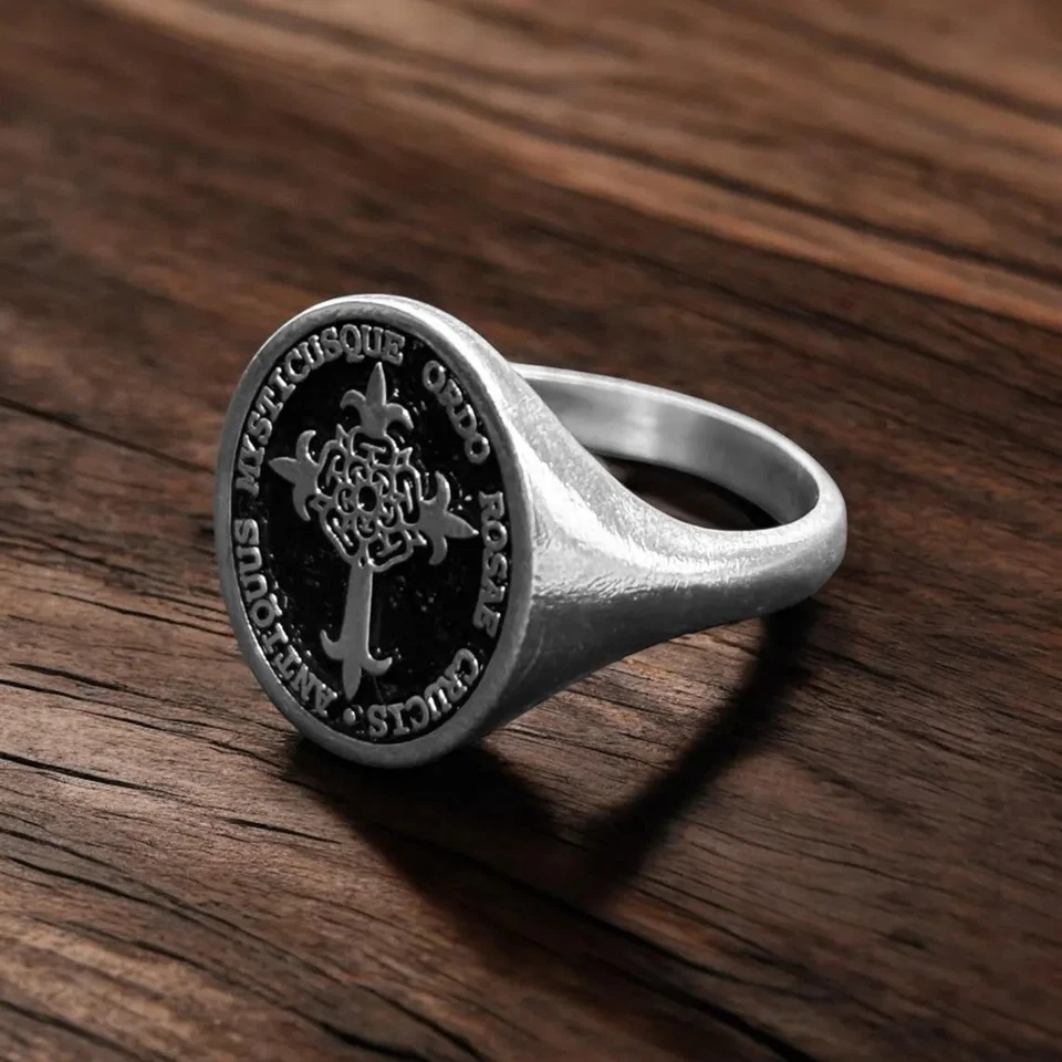 Anillo de sello rosa crucis sagrado anillo símbolo rosacrucismo plata de ley 925 Foto 4 de 4