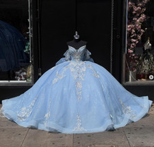 Sky Blue Quinceanera Dresses Glitter Appliques Sweet 15 16 Party Prom Ball Gowns
