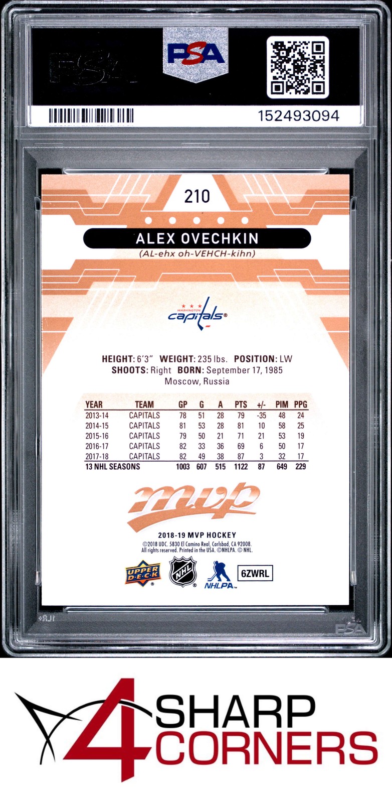 2018 UPPER DECK MVP #210 ALEX OVECHKIN POP 6 PSA 10 view 2
