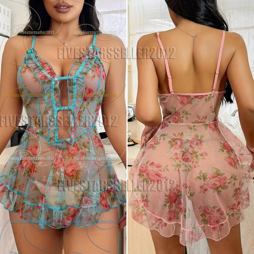 Women Printed Mesh Sexy Lingerie Lace Sheer Babydoll Bride Mini Dress for Women