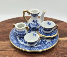 SET Dollhouse Miniature Tea Set Service 2 Blue White and Gold - 6 Piece