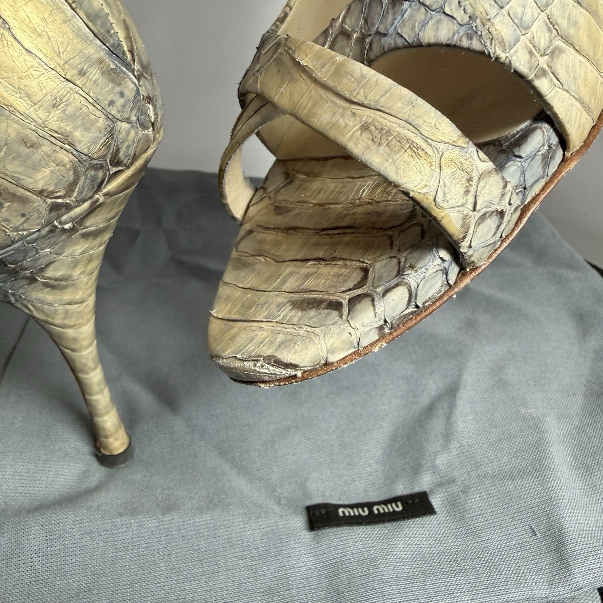 Miu Miu Python Snakeskin Cross Strap Peep Toe Stiletto Heels Pumps