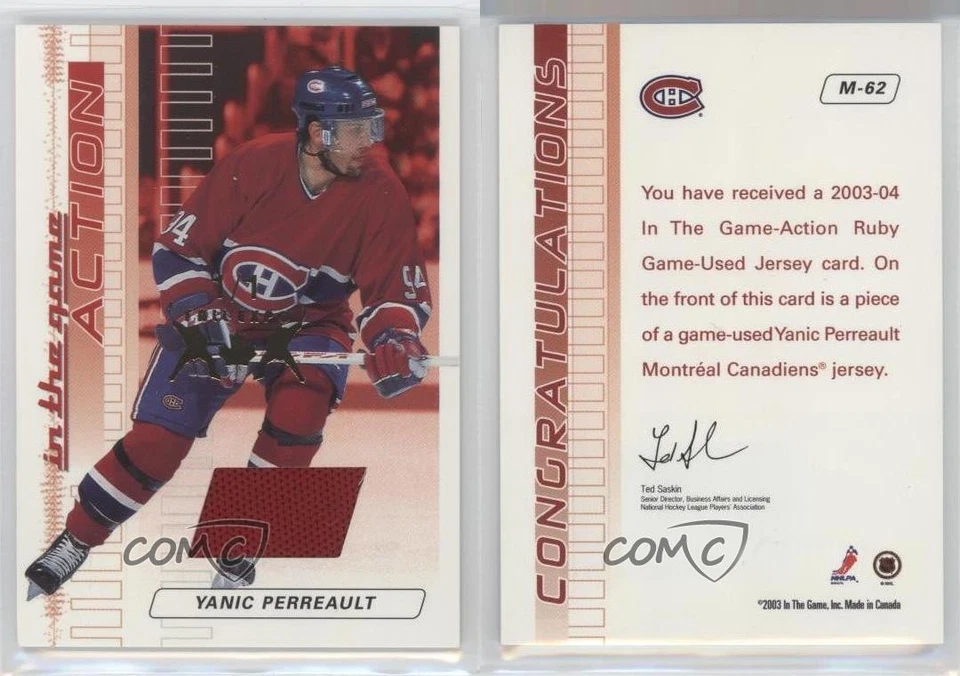 2003 ITG Action Game-Used Jerseys Ruby Fall Expo 1/1 Yanic Perreault #M-62 2a8 - Image 3 of 3
