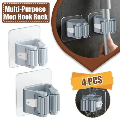 4pcs Mop Hook Wall Mounted Broom Holder Self Adhesive No Drill Storage Rack USA