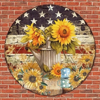 Round Tin Metal Signs Weathered Wood Grain Patriotic American Flag And Floral Su