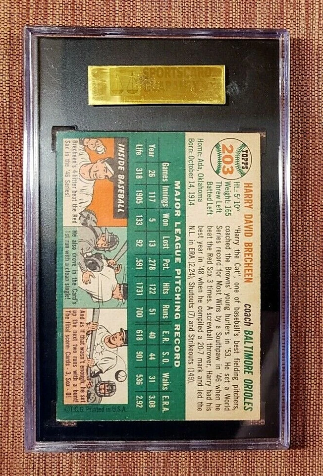 1954 Topps #203 Harry Brecheen Baltimore Orioles Original Baseball Card SGC 8 - Image 2 of 2