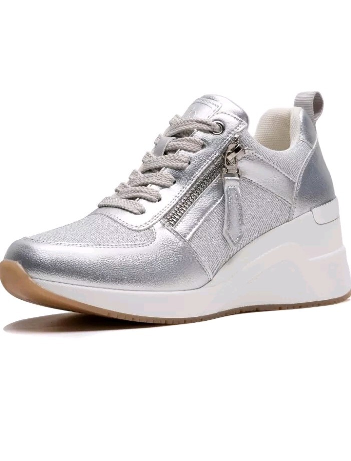 Silver Ladies Wedge Heel Trainers Womens Fashion High Heel