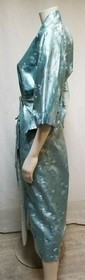 Vintage Blue Satin Floral Jacquard Long Kimono with Belt - Made in Japan