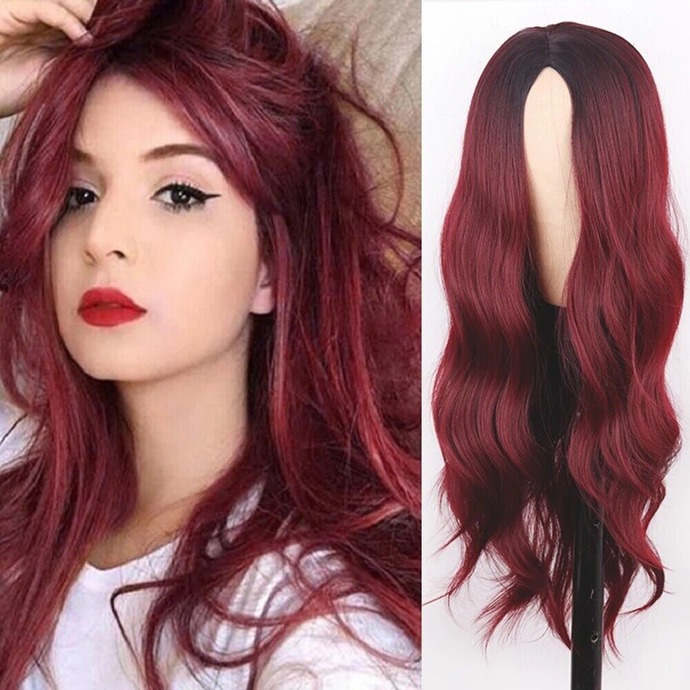 Long Burgundy 99J Ombre Dark Roots Wig Wave Synthetic Wigs Long Burgundy 99J Ombre Dark Roots Wig Wave Synthetic Wigs