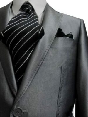 GIORGIO FIORELLI 2 Button SLIM FIT Shiny Solid Silver Sharkskin Men's Suit 