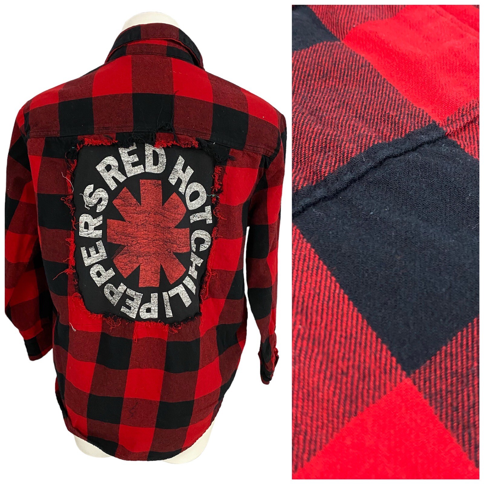 Upcycled Flannel Shirt Womens Medium Shacket Chili Peppers Red Country Grunge-image