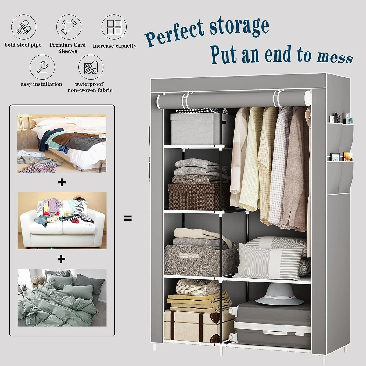 SALE Canvas Wardrobe Bedroom Furniture Foldable Storage Grey