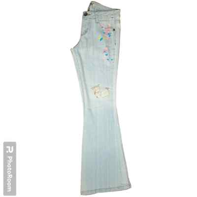 VINTAGE L.E.I. LIGHT WASH DISTRESSED PATCHED PAINT SPLATTED FLARED DENIM JEANS
