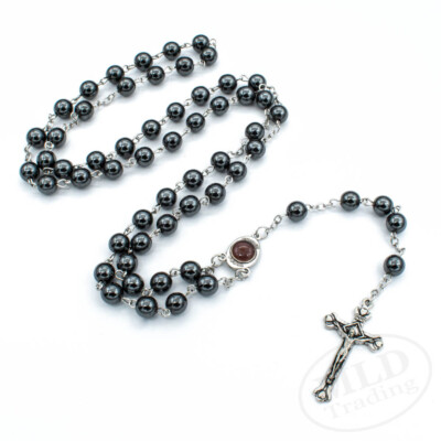 Black Hematite Stone Beads Rosary Necklace   Jerusalem Holy Center & Crucifix