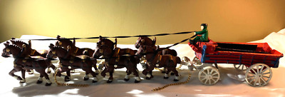 Vintage Cast Iron Budweiser Clydesdale Horses Wagon 8 In Hand 10